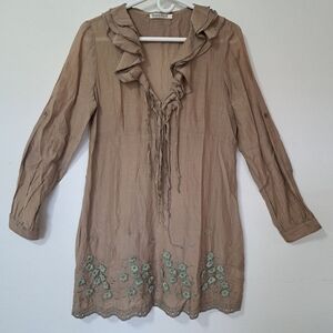 Silk Cotton Boho Cottage Core A Line M Dress Ruffle Collar Embroidered Floral